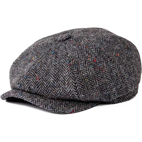 Men's 8 Panel Wool Blend Newsboy Flat Cap Herringbone Tweed Hat - Picture 1 of 7